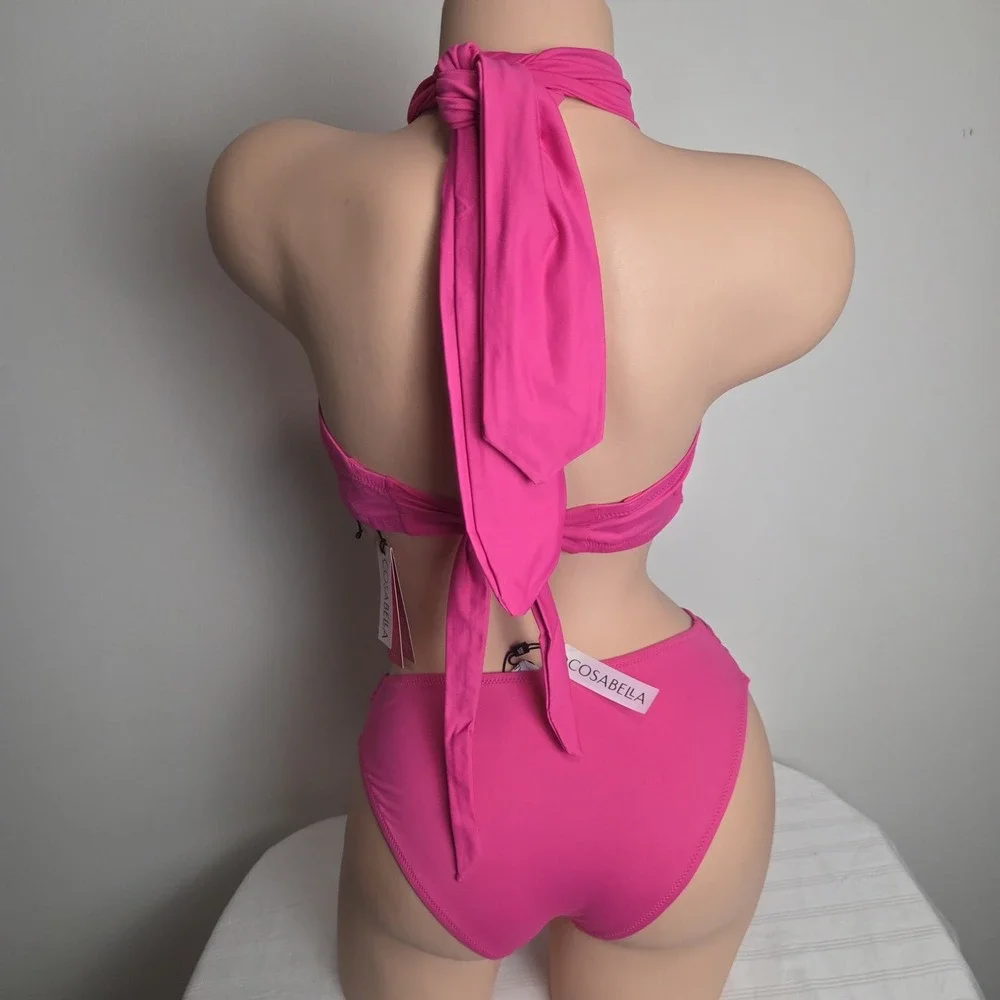 Cosabella Curvy Pink Convertible Halter Bandeau Bikini Set Ruched‎ Bottoms